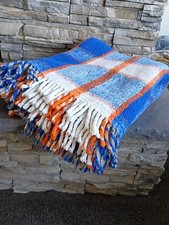 Vtg HEAVY Wool-cotton Plaid 50-70s Reversible Blanket Fringe Camp MCM BlueOrange
