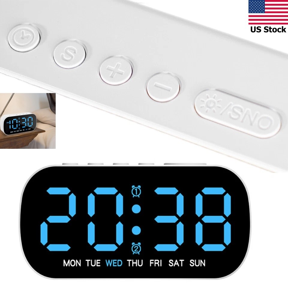 Digital Alarm Clock LED Large Display Dimmable Auto Night Mode Dual Alarm