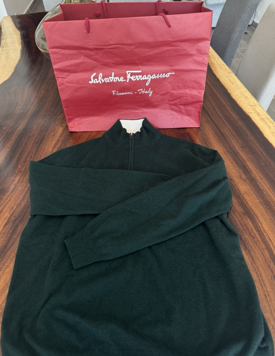 Salvatore Ferragamo Dark Green Cashmere 1/4 Zip Sweater XL Mock Neck Men's