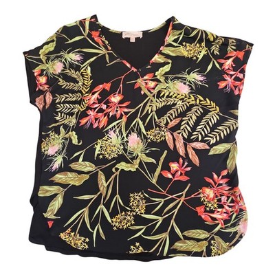 Philosophy Top Women PL Black Tropical Floral Short Sleeve Knit Back Petites