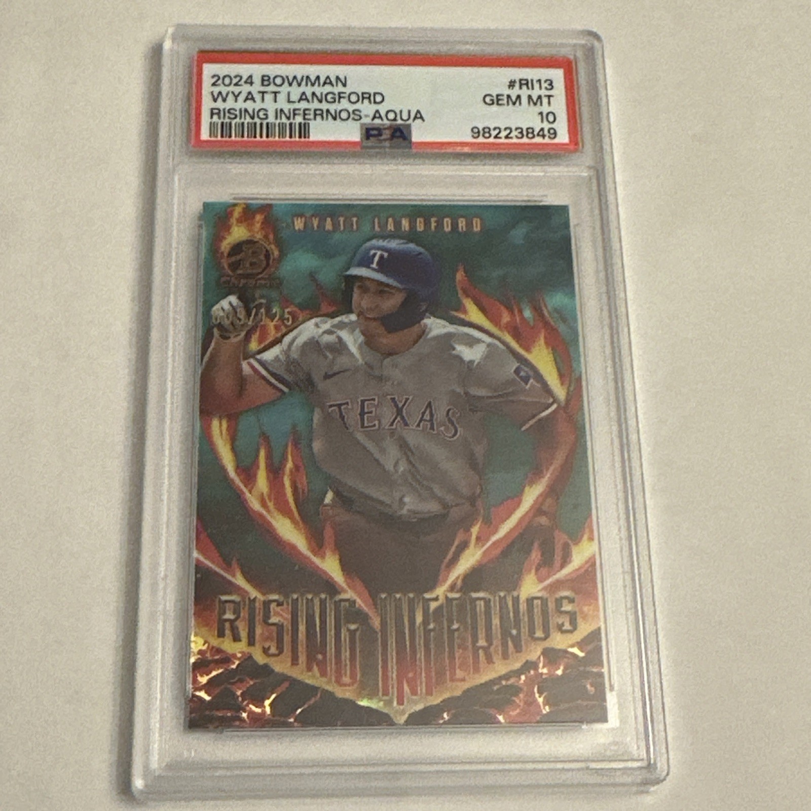 2024 Bowman Wyatt Langford RC Rising Infernos Aqua Refractor /125 SSP