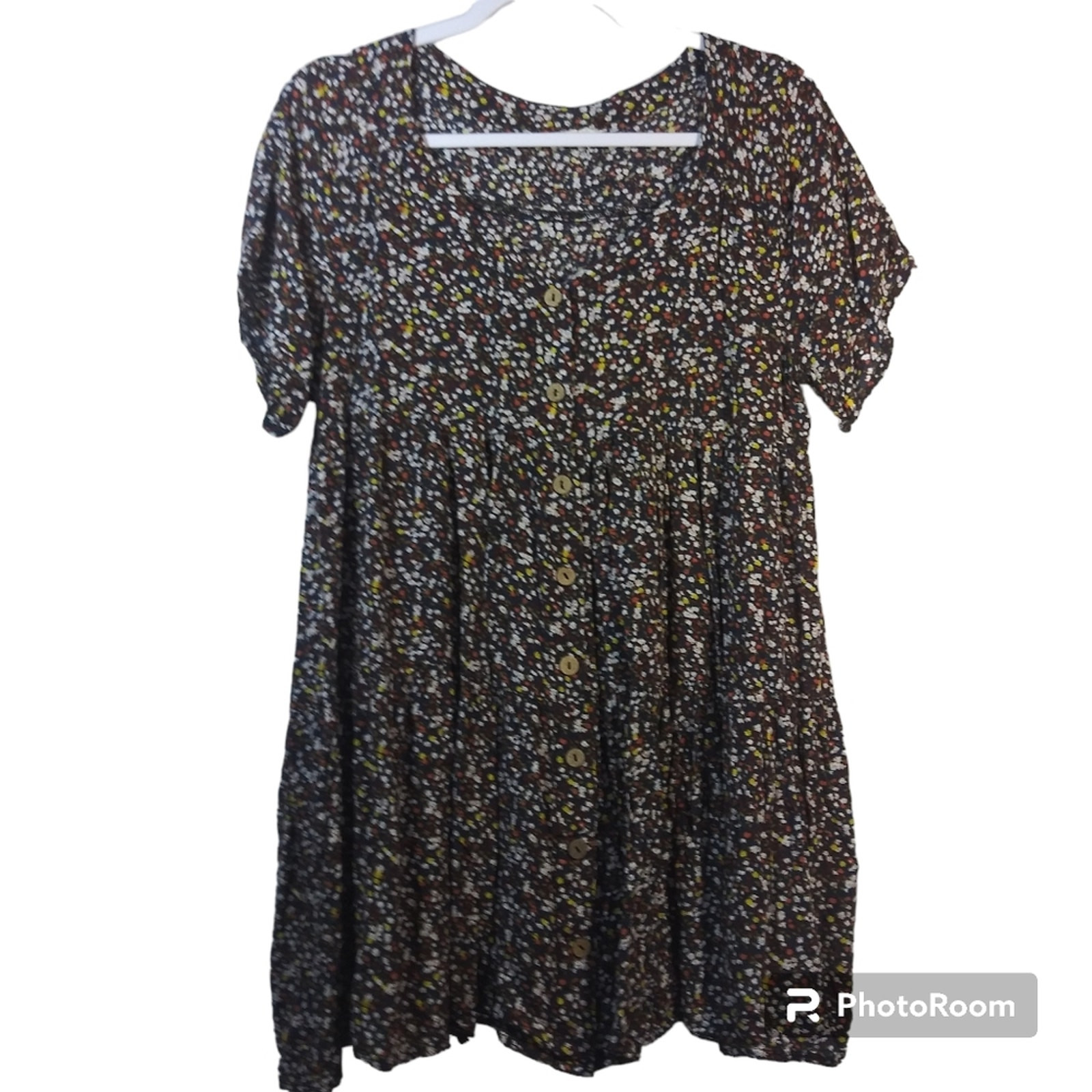 Easel Black Ditsy Floral Babydoll Shirt Dress Button Front Size Small