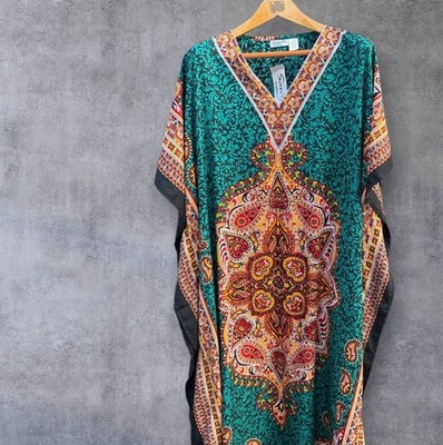 Sante Classics Boho Paisley V-Neck Tunic Dress Peacock Green, Gold, Red One Size