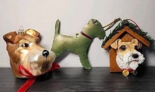 Set Of 3 Schnauzer Dog Christmas Ornaments Glass Metal Resin With Wood