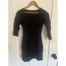 Mango Basics Women Black Ribbed Bandage Bodycon Mini Dress 3/4 Sleeve Size Small