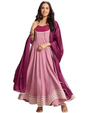 GoSriKi Women's Rayon Viscose Solid Anarkali Kurta with Pant  Dupatta