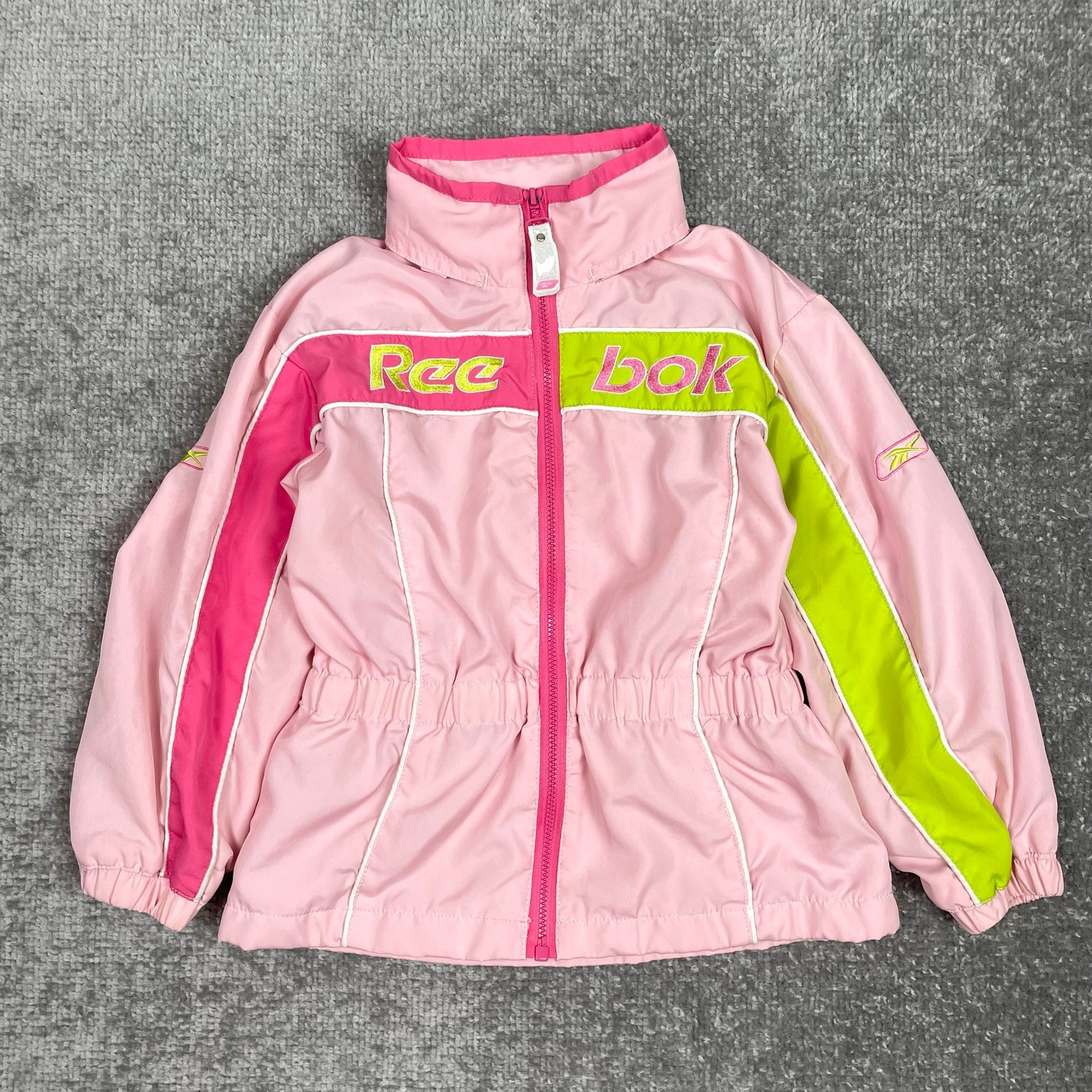 Reebok Toddler Girls Windbreaker Jacket 4T Pink Green Hooded Full Zip Retro y2k