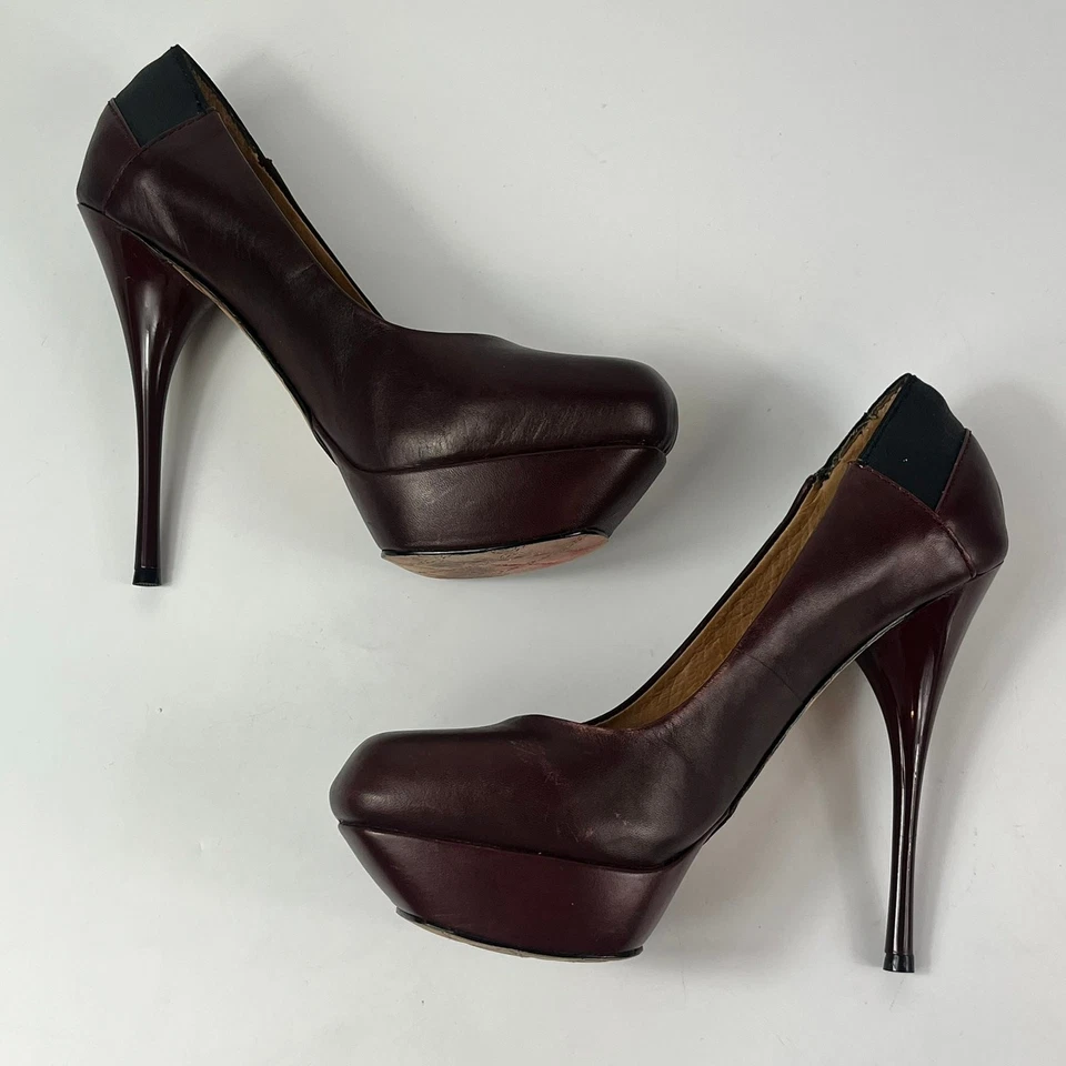 LAMB Womens 7M High Heel Platform Pump Maroom Burgundy Leather 5.25" Dress Shoes - Imagem 4 de 4