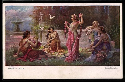 Artist postcard Hans Zatzka: women hanging themselves with garlands of flowers in the garden 