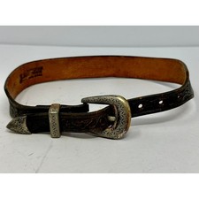 Justin Vintage Kids Western Belt Black Floral Tooled Leather Made in USA