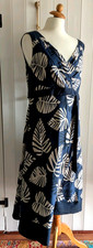 SIZE 18 BLUE BLACK & CREAM LEAF PRINT COTTON FULLY LINED STRAPPY DRESS