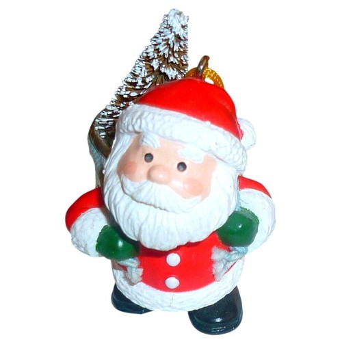 Vintage Santa Claus Ornament with Thimble Backpack and Bottle Brush Tree Red 2"