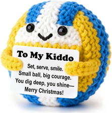 Mini Crochet Volleyball Plush with Story Sign - 4-Inch Desk Decor