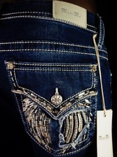  118 Buckle Miss Me Jeans "Leather Fallen Wings" Mid-Rise Curvy Skinny 34 X 29