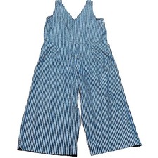 BeachLunchLounge Lennon Tie Waist Linen Cotton Jumpsuit Womens Large Blue Stripe
