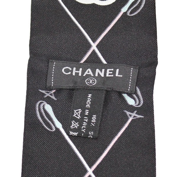 CHANEL Coco Mark Multicolor Twilly Scarf Black 100 Silk Brand Women Ladies Allov