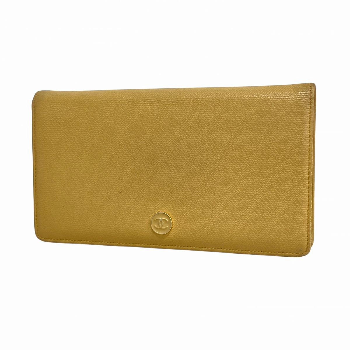 CHANEL Coco Button Leather Long Wallet Beige Gold Hardware Used