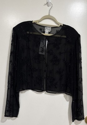 NWT Vintage JMD NY Black Beaded Shrug Bolero Jacket XL 90s Y2K Sheer Cardigan