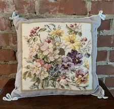Imperial Elegance Wool Needlepoint  Pillow Floral Pansy Daisy Country Cottage