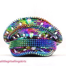 Lady Glitter Rhinestones Captain Hat Sequins Cap Festival Party Disco Clubwear