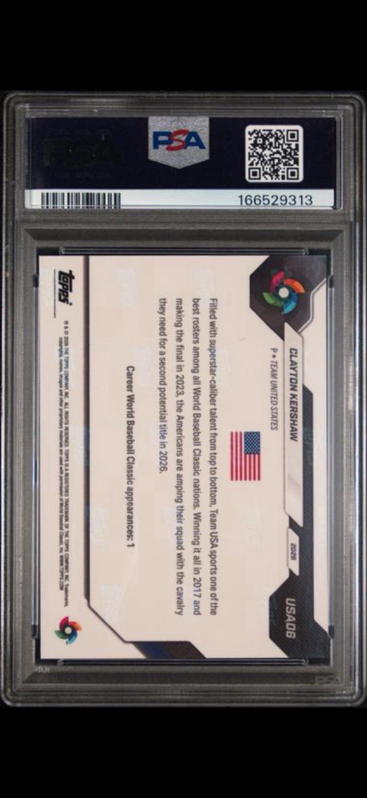2026 Topps Now World Baseball Classic #USA06 Clayton Kershaw PSA 10 view 2