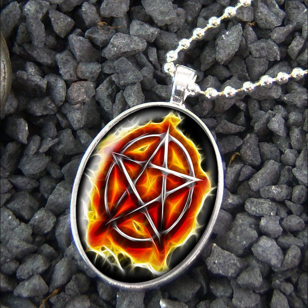 Fire Pentagram Gothic Horror Fantasy Pentacle Silver Pendant Necklace 24
