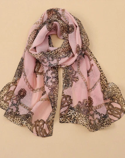 Bufanda oblonga rosa con estampado de animales de gasa marrón beige patrón compra una y obtén una gratis Foto 3 de 4