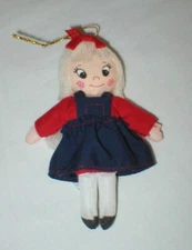 Vintage 1982 Mini 4" Cloth Doll Yarn Hair Navy Dress Red Shirt - Wallace Berrie