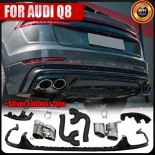 For Audi Q8 SQ8 2019-22 Black Rear Bumper Diffuser Lip +Silver Exhaust Trim Tips