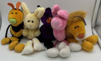 Vintage 1990 GUND String Beans Lot Of 5 Bean Bag Plush Bee Pig Lion Bug Bunny