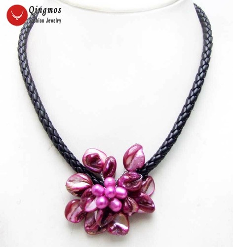 Blue 70mm Shell Flower Pearl Pendant Necklace for Women Black Rope 18' Chokers - Picture 18 of 18