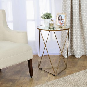 Chic Gold Round Glass Top Metal Accent Table Triangle Base Foyer