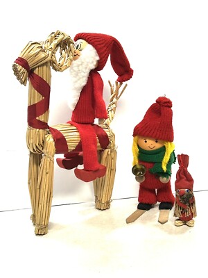 3 VTG MADE IN SWEEDEN LARGE STRAW REINDEER & SANTA PLUS GIRL SKIER GNOME FIGURE