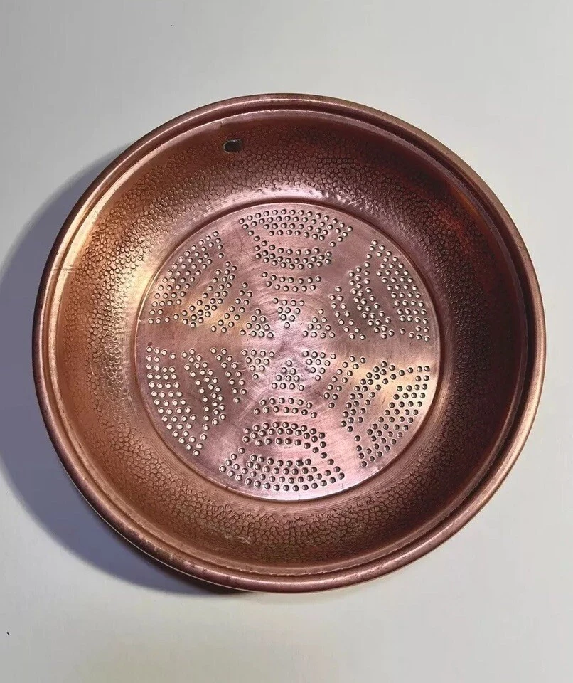Antique Copper Hammered Hanging Colander Sieve Strainer 10.75” diameter