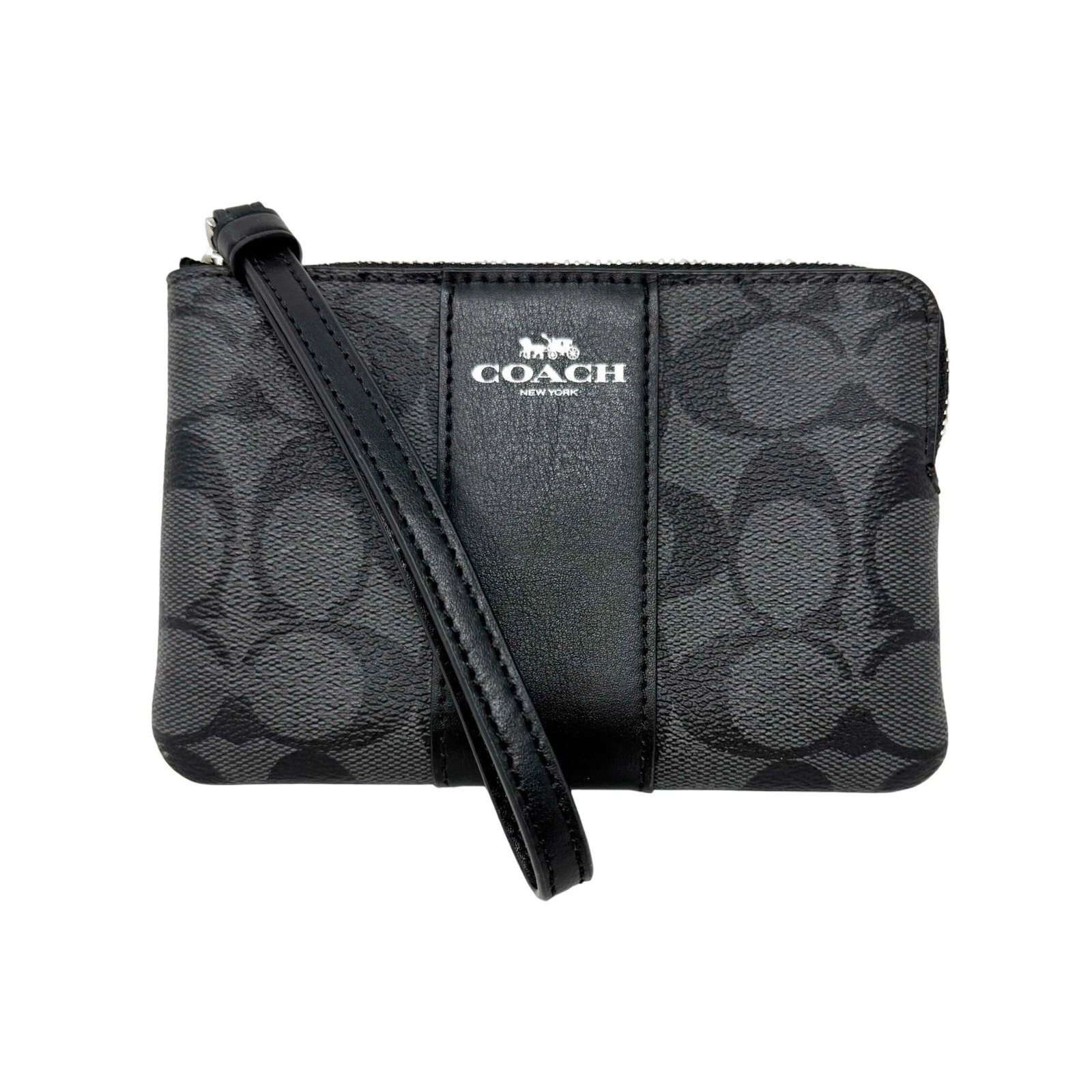 NUOVO con etichette Coach Signature PVC pelle angolo zip polso F58035 nero grigio