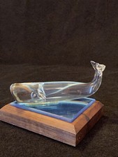 Vtg C & L Glass Co Art Glass Whale Figurine Mounted on Wood Plaque Ocean Art