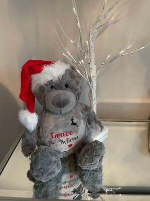NEW Grey Christmas Teddy Bear With A Santa Hat, Personalised