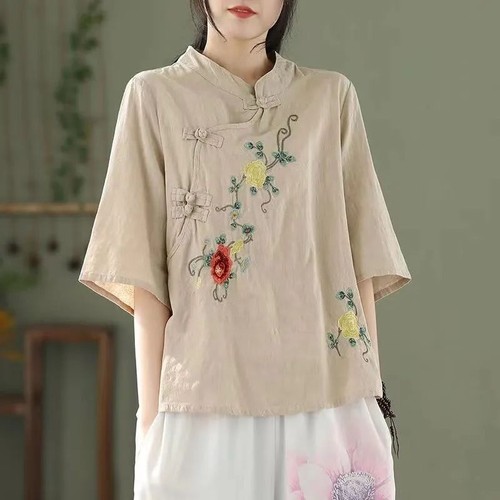 Nuevas Mujeres Retro Bordado Camisas Blusa China Cuello Alto Hebilla Prendas para el torso Sueltas - Imagen 14 de 16