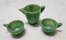 3 Akro Agate Jade Green Glass Childrens Cups  Pitcher