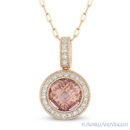 1.52ct Checkerboard Pink Amethyst & Diamond Halo Pendant 14k Rose Gold Necklace - Afbeelding 1 van 1
