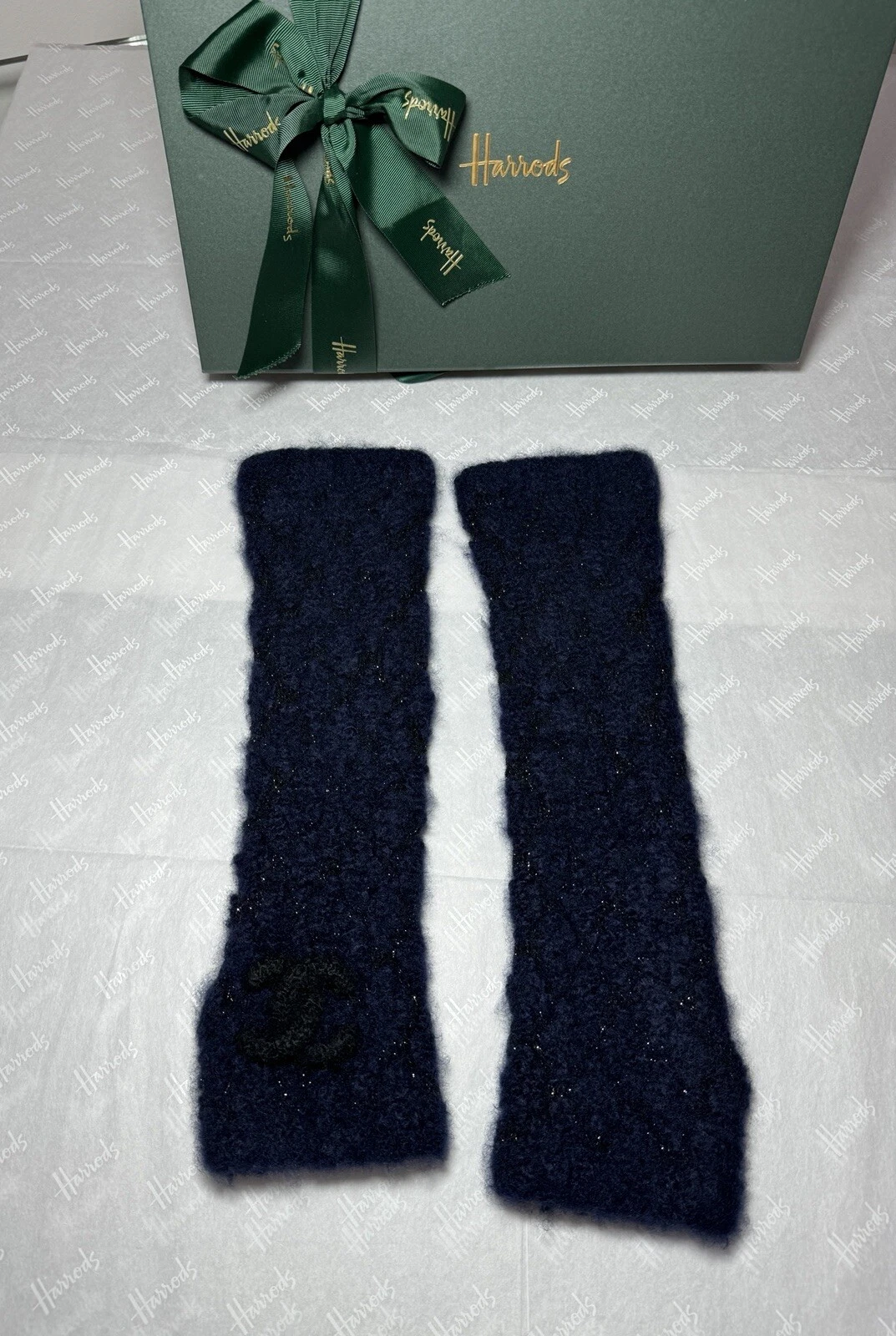 Chanel Cashmere Boucle Long Gloves Navy Shimmer Harrods Box New
