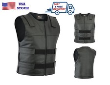 Men Bullet Proof Style Real Leather Vest SWAT Tactical Biker Moto Vest Black