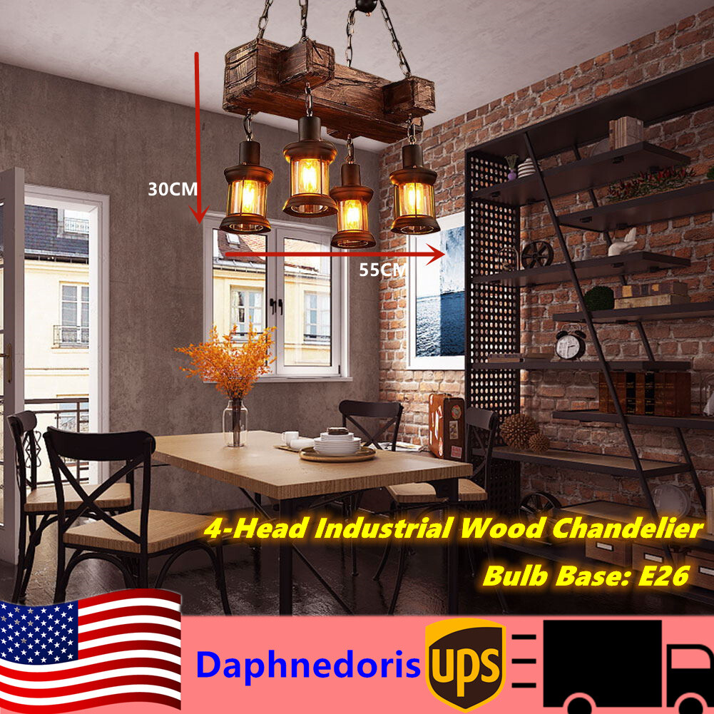 Rustic 4 Heads Chandelier Wood Industrial Ceiling Lamp Pendant Light Fixture USA