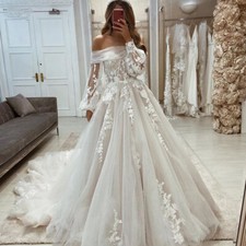 Wedding Dresses Off Shoulder Boho Puffy Sleeves Lace Appliques Bridal Gown