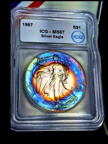 1987 Silver Eagle Toned ICG MS67 Silver Dollar 1 Oz American Eagle Rainbow 🌈 To