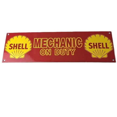 Vintage Shell Gasoline Sign - Mechanic on Duty Gas Pump Porcelain Sign