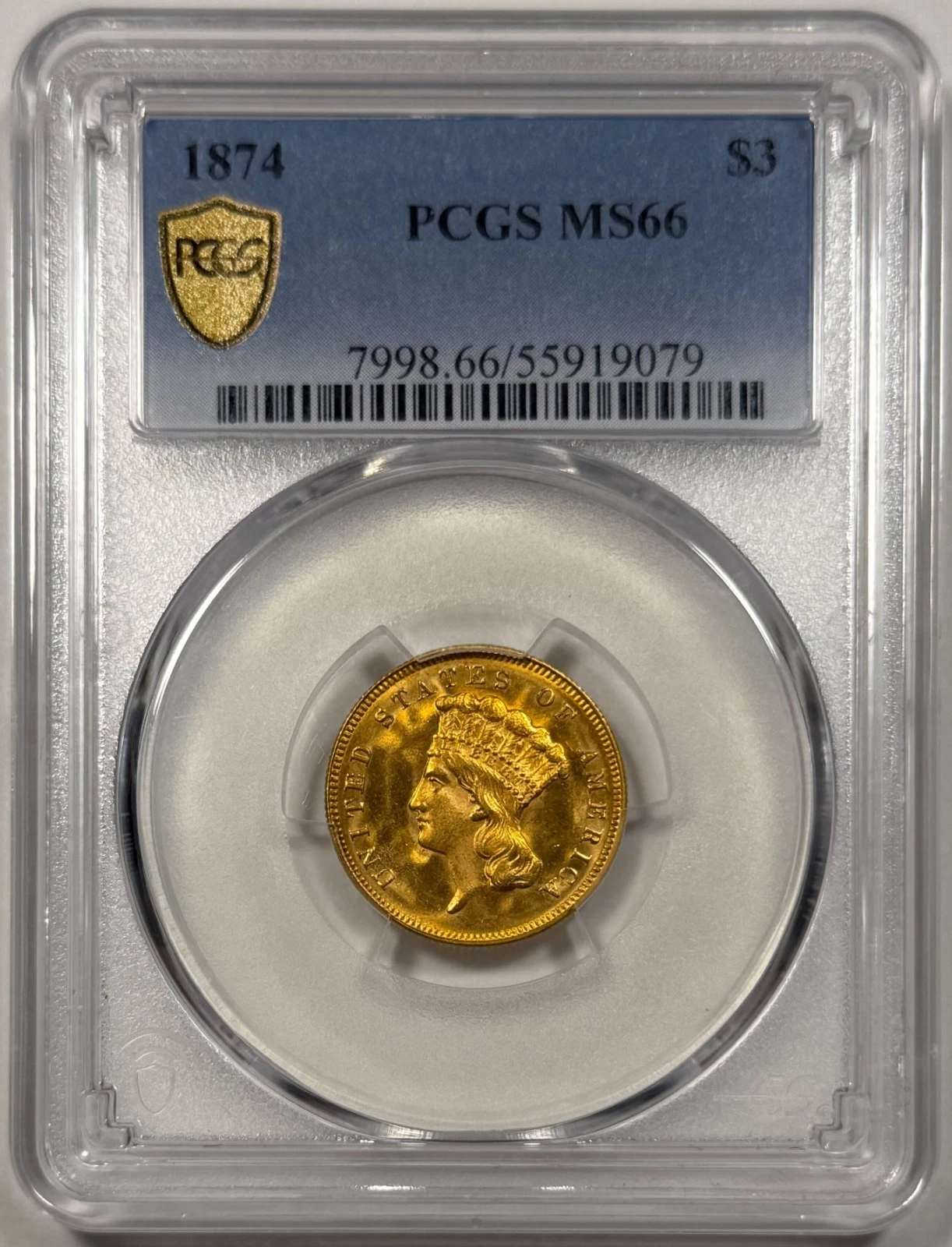 1874 $3 Gold Indian Princess US Coin PCGS MS66 Exceptional Color