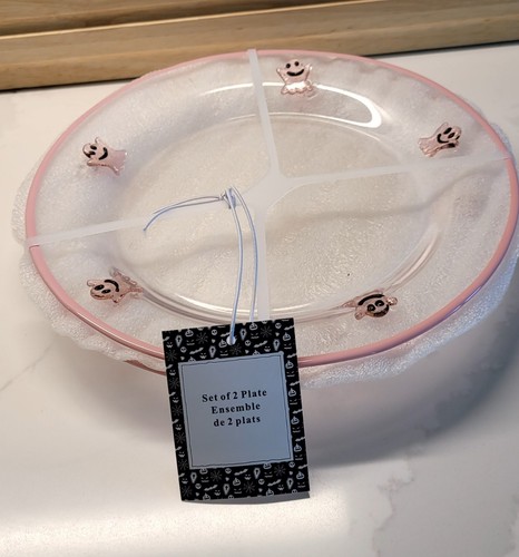 2 Glass Plates Pink Ghost Icons 8" diameter (See matching glass, pitcher, bowl ) - Picture 2 of 5