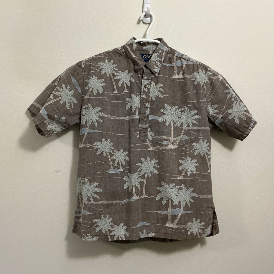 Ono Hawaiian Aloha Shirt Large Brown Floral Palm 100% Cotton Half Button Up