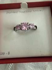 Three Stone Pink CZ Ring Size 8 Stainless Ste...